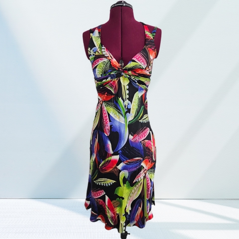 Y2K Cache Vintage 100% Silk Party Bright Colorful Floral Halter Midi Dress